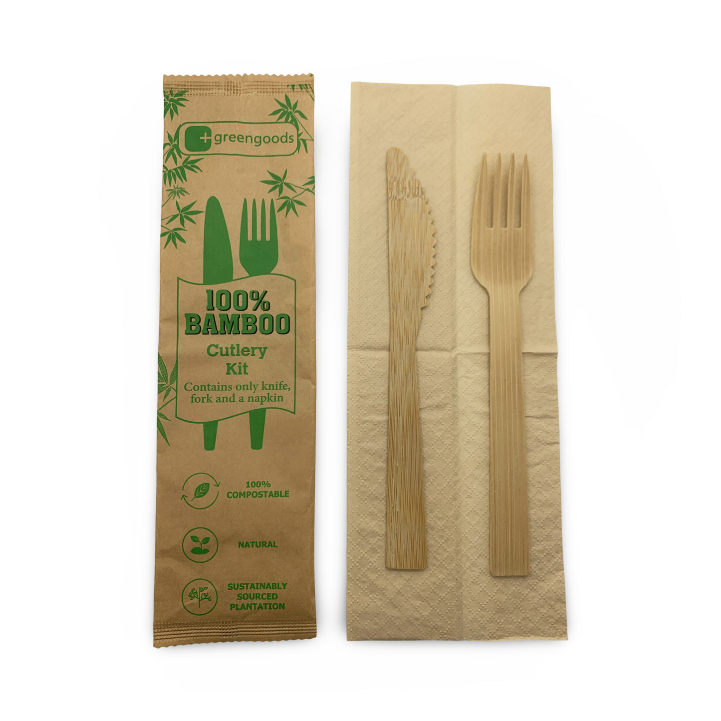 קרטון סט סכו"ם מתכלה מבמבוק (מזלג+סכין+מפית)